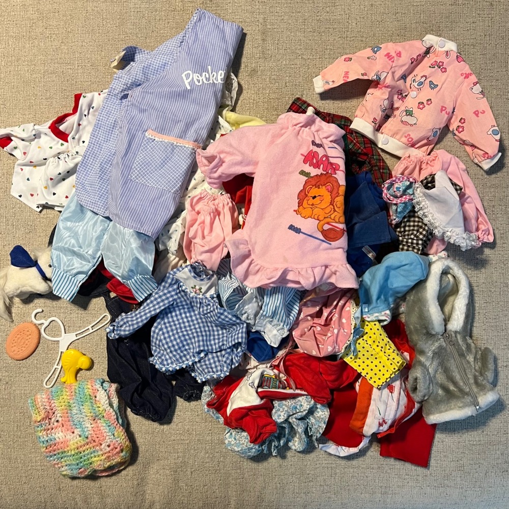 Vintage Doll Clothes Lot Mixed Accessories 70s 80s 90s Gingham Plaid Denim 40pc+